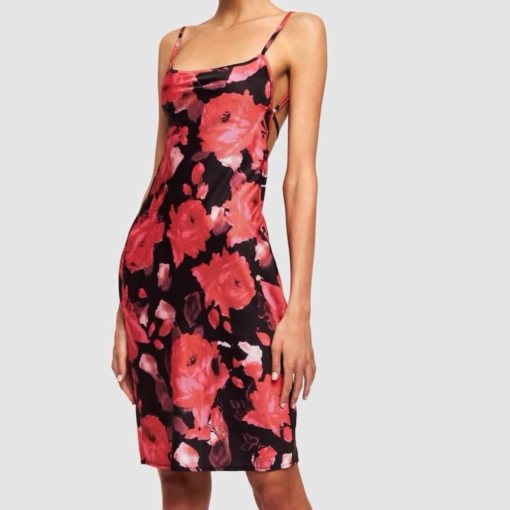 Lioness Nostalgia 90s Dress - Red & Black Floral Rose Satin Midi Slip